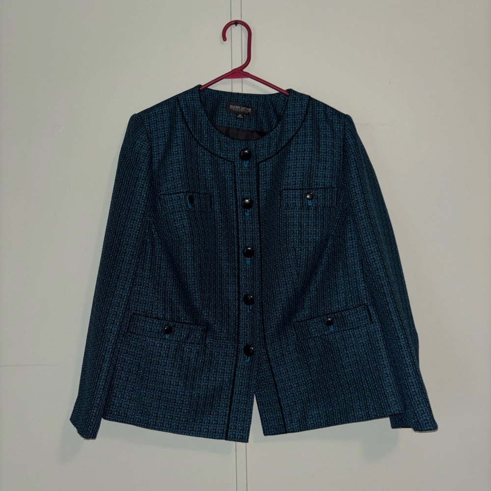 🐾 John Meyer Collection Teal-Blue Tweed Round-Neck Button Jacket: Size 14W 🐾